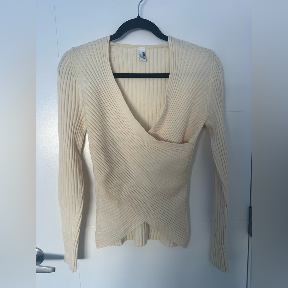 Wolford Cream Ribbed Wrap Sweater Wool Blend Knit Top Size M Made in Switzerland